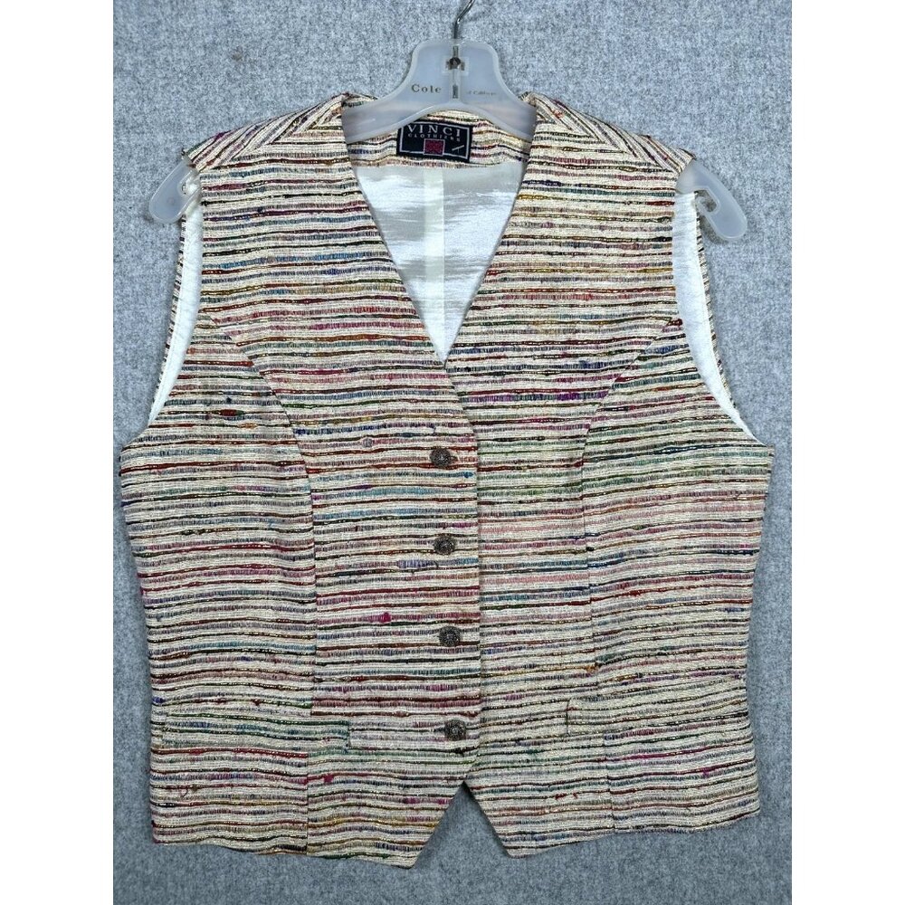 Vintage‎ Vinci Clothiers Button-Up Vest Womens Small Metallic Gold Striped Silk